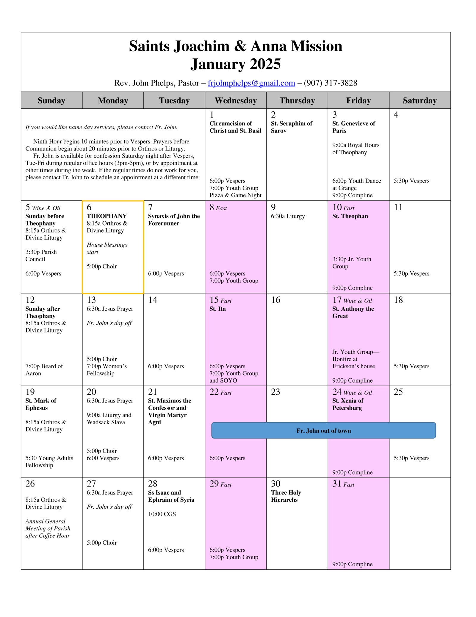 January 2025 calendar