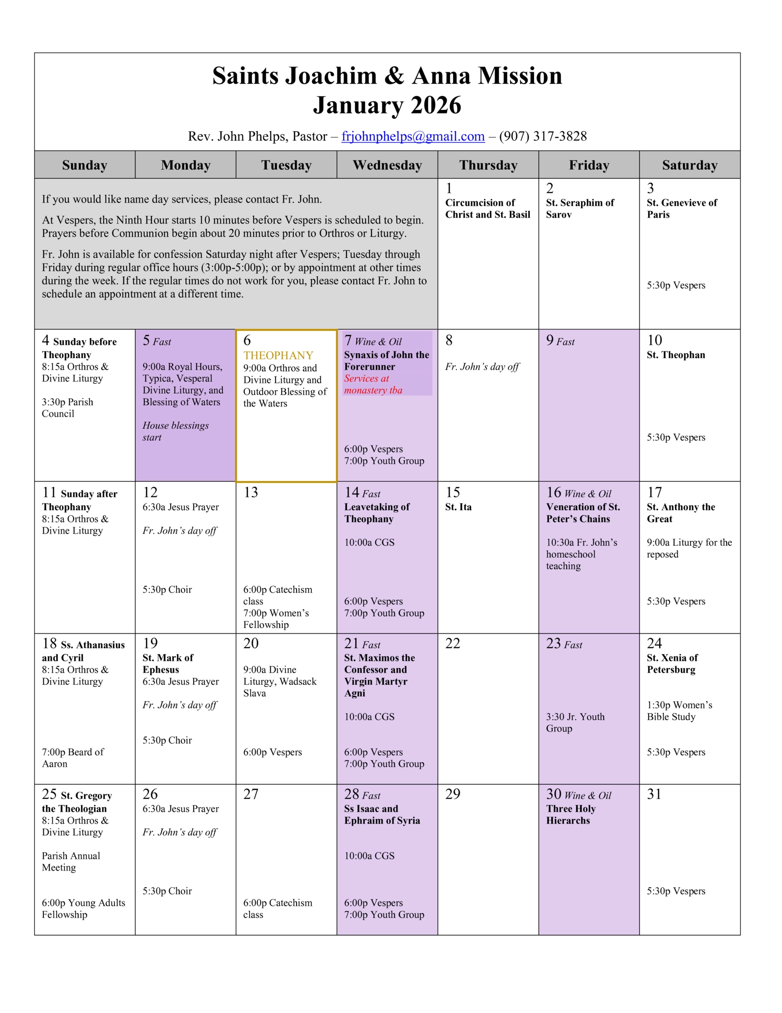January 2026 calendar